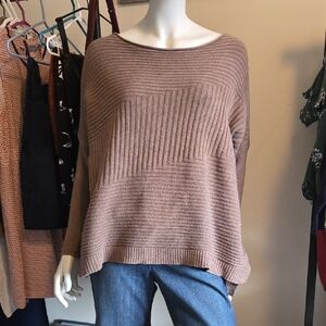 Angela Mara Made In Italy Asymmetrical Brown Rib Knit Crew Neck Batwing Sweater